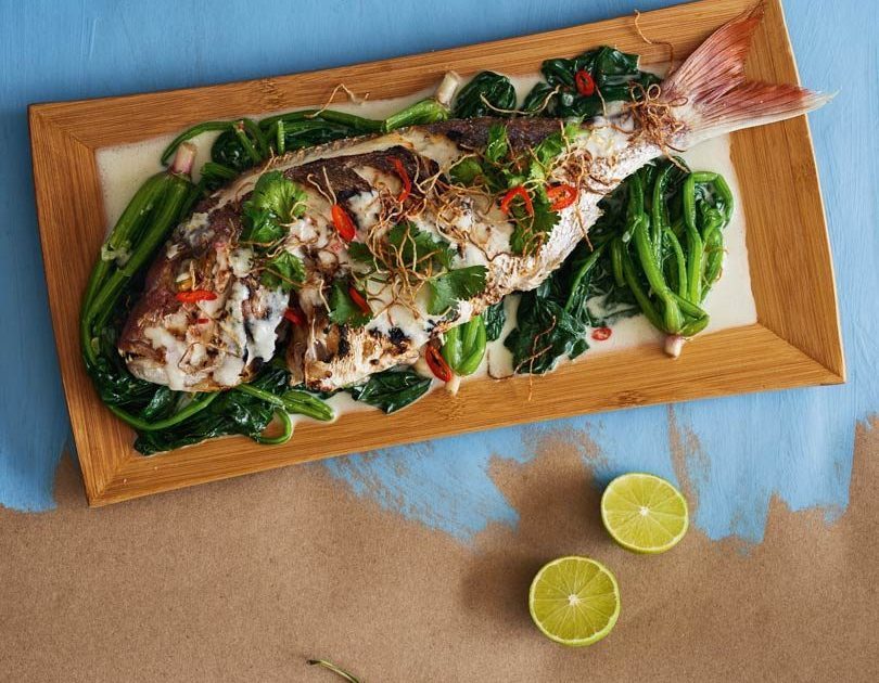GRILLED FISH & SPINACH WITH COCONUT SAUCE