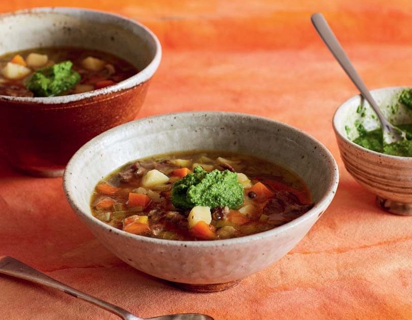 SPICED LENTIL & OXTAIL SOUP WITH GREEN HARISSA