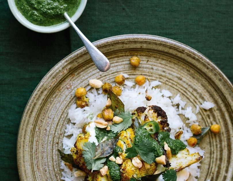 ROASTED CAULIFLOWER WITH BUTTERED RICE & CORIANDER SAUCE