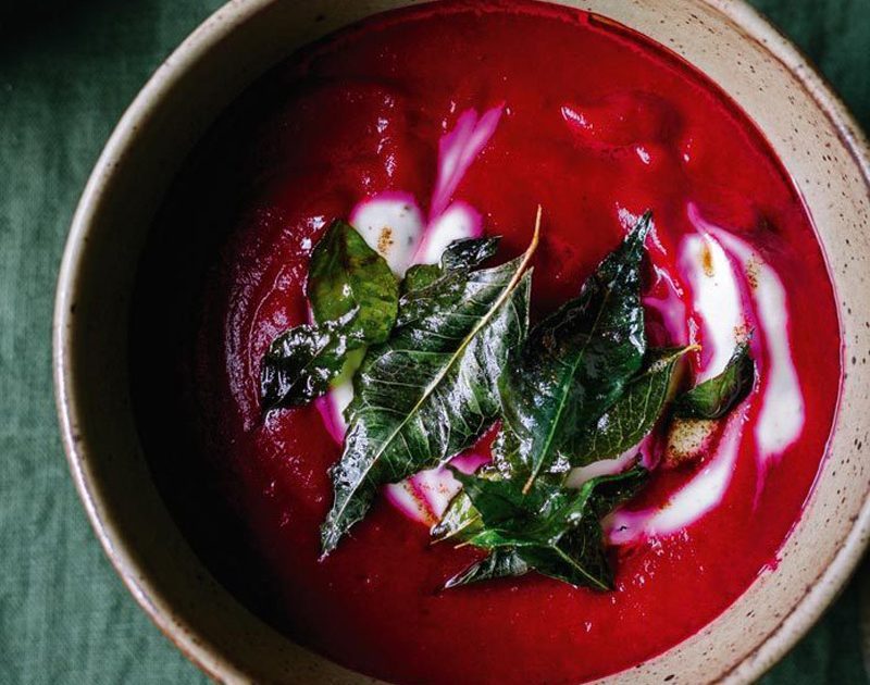 SPICED BEETROOT SOUP WITH TOASTED CUMIN YOGHURT & BUTTER-FRIED CURRY LEAVES