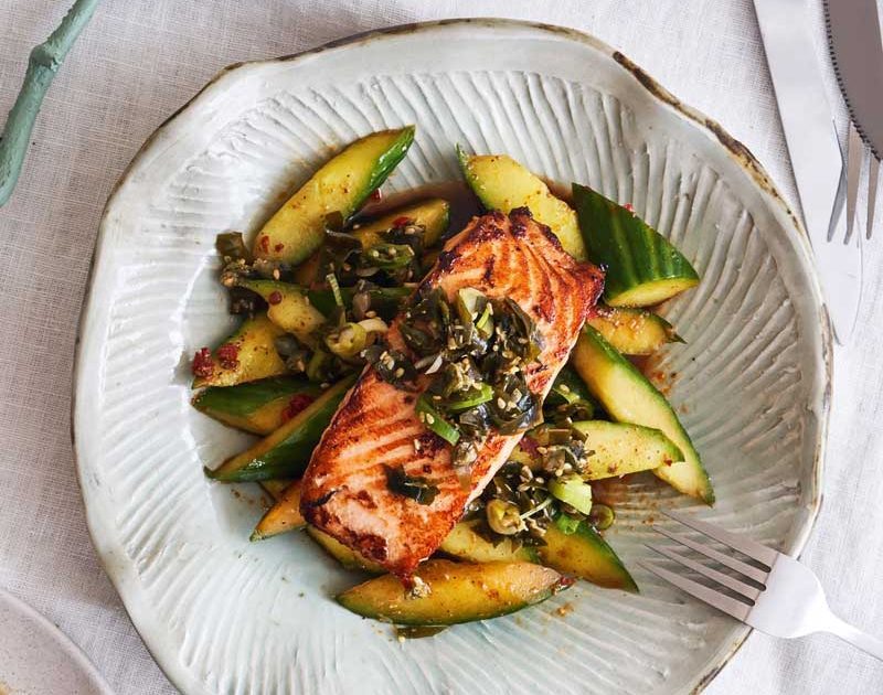 SOY-GLAZED SALMON WITH SPICY SOUR CUCUMBER & SEAWEED SALSA