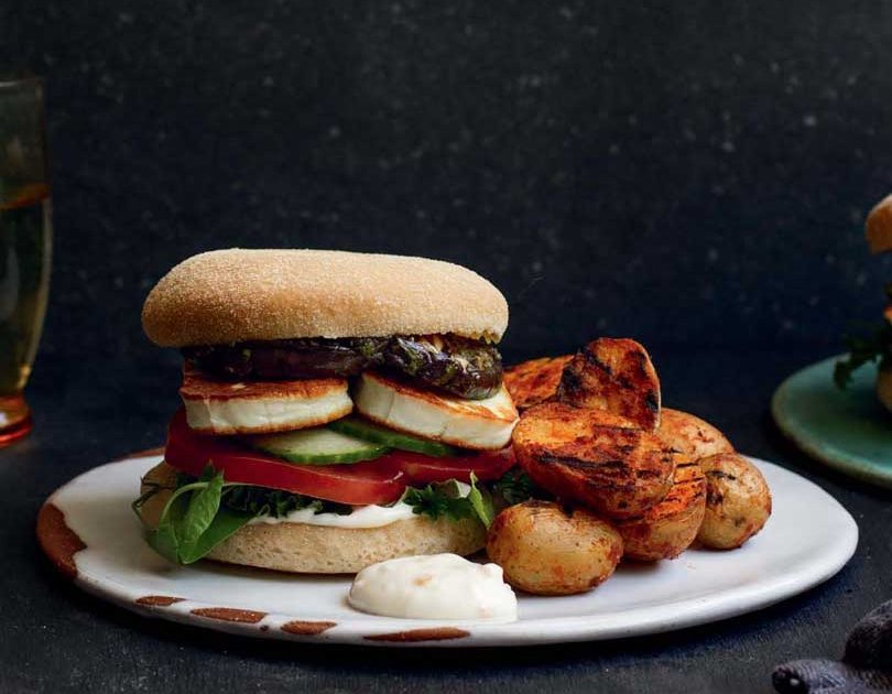 HALOUMI & GRILLED EGGPLANT BURGERS WITH SMOKY POTATOES & PRESERVED LEMON AIOLI