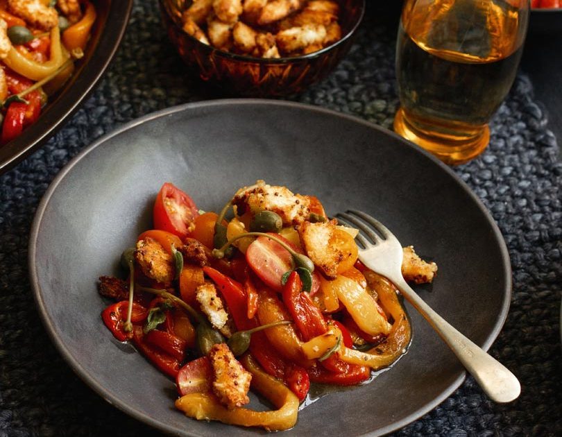 CHARGRILLED MARINATED CAPSICUM WITH CHERRY TOMATOES, CAPERBERRIES & MUSTARD CRUMBS