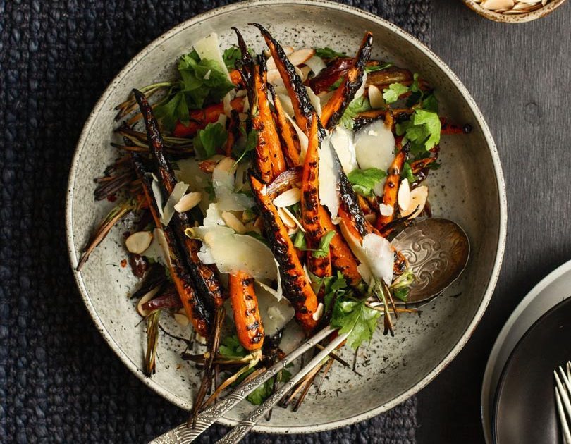 CHARRED CARROTS WITH DATES, TOASTED ALMONDS, PARMESAN & LEMON DRESSING