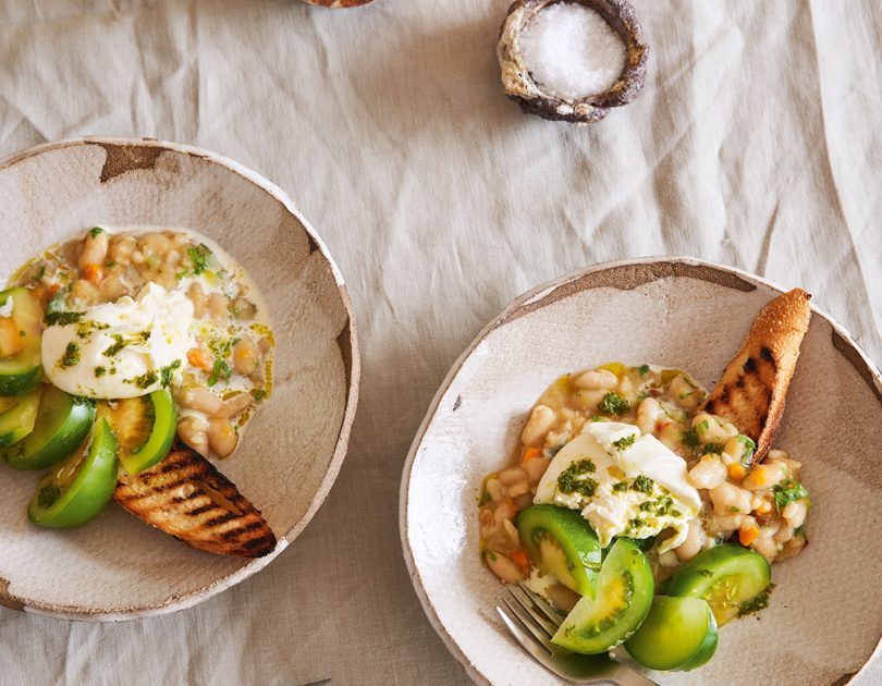 GREEN TOMATO & WHITE BEAN SALAD WITH BURRATA