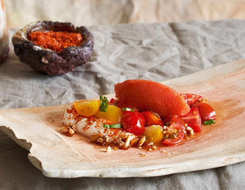 TOMATO SORBET, BUFFALO YOGHURT & PINENUT BRITTLE