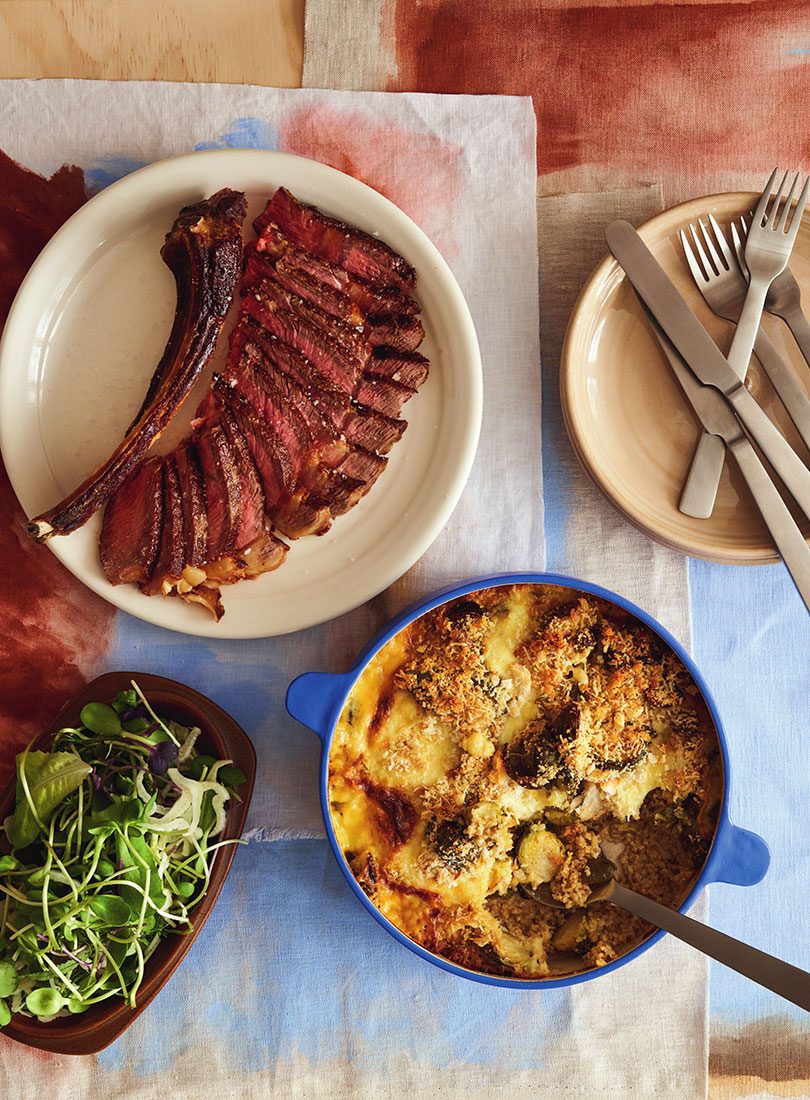 BRUSSELS SPROUTS, MOZZARELLA & QUINOA GRATIN WITH AGED RIBEYE