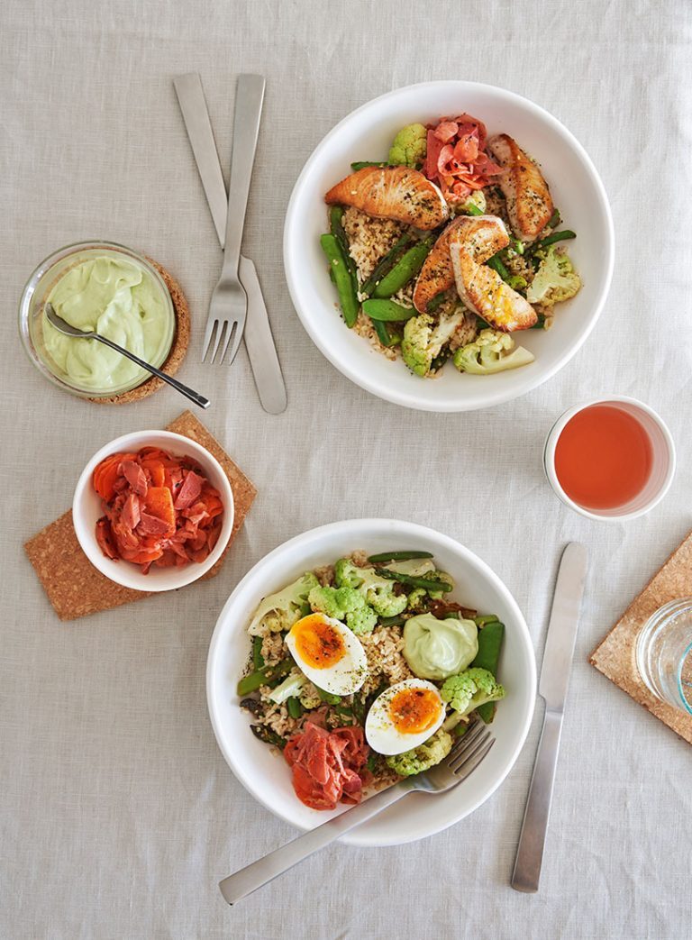 BROWN RICE & QUINOA WITH AVOCADO TOFU SAUCE / WITH PANFRIED FISH OR ...