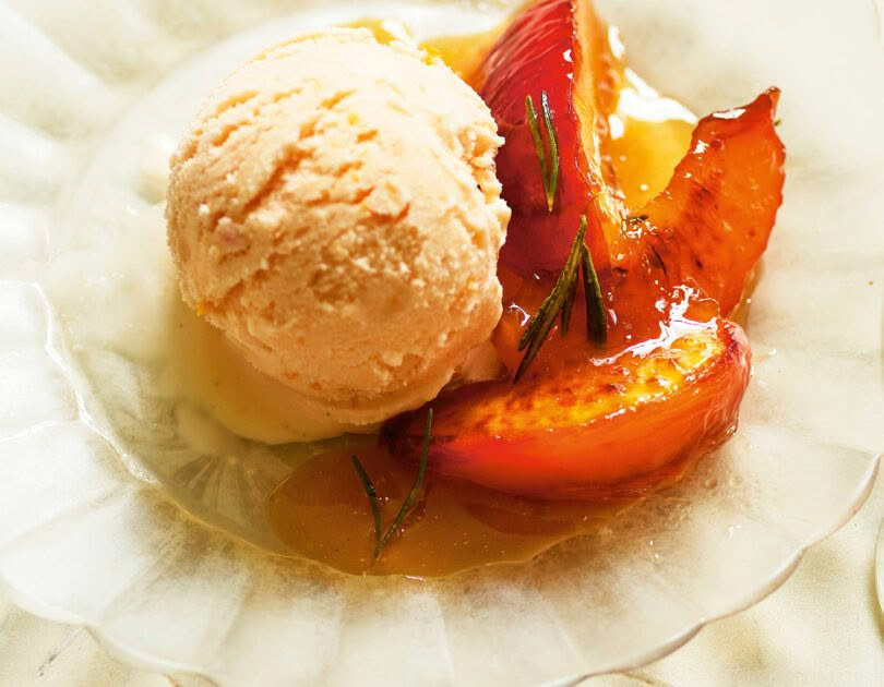 Rosemary Peaches with Vanilla & Orange Sherbet